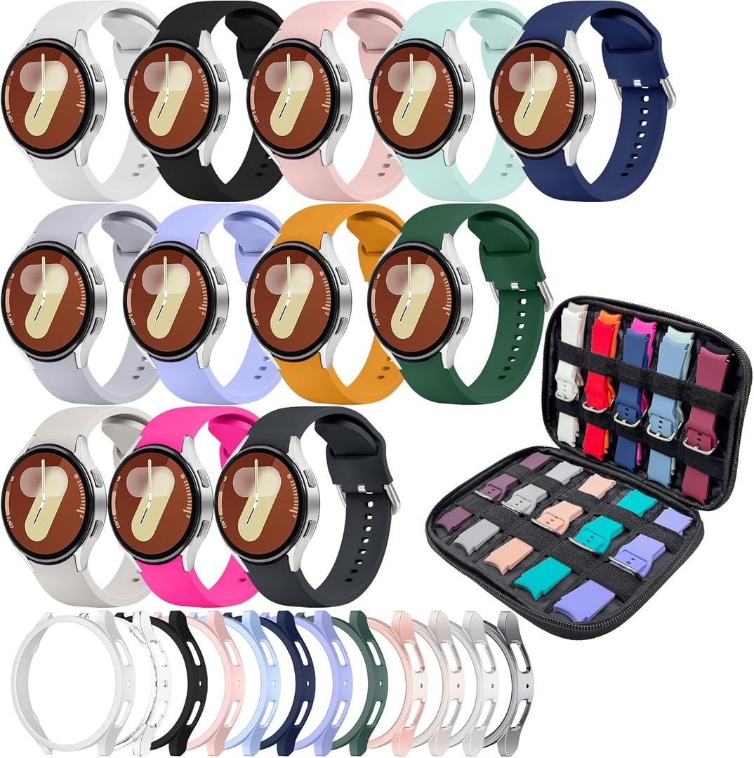 12 Pack Sport Bands Galaxy Watch Bands and 12 Pack Galaxy Watch Cases Compatible with Samsung Galaxy Watch 7 40mm 44m Case Protector, Silicone Sport Watch Bands&Storage Organizer for Women Men