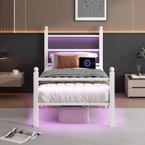 CLIBFENG Twin Bed Frame with Headboard and Footboard,Steel Slats Support-LED Bed Frame with USB Charging Station,Mattress Foundation-Under Bed Storage,No Box Spring Needed,Noise Free,White