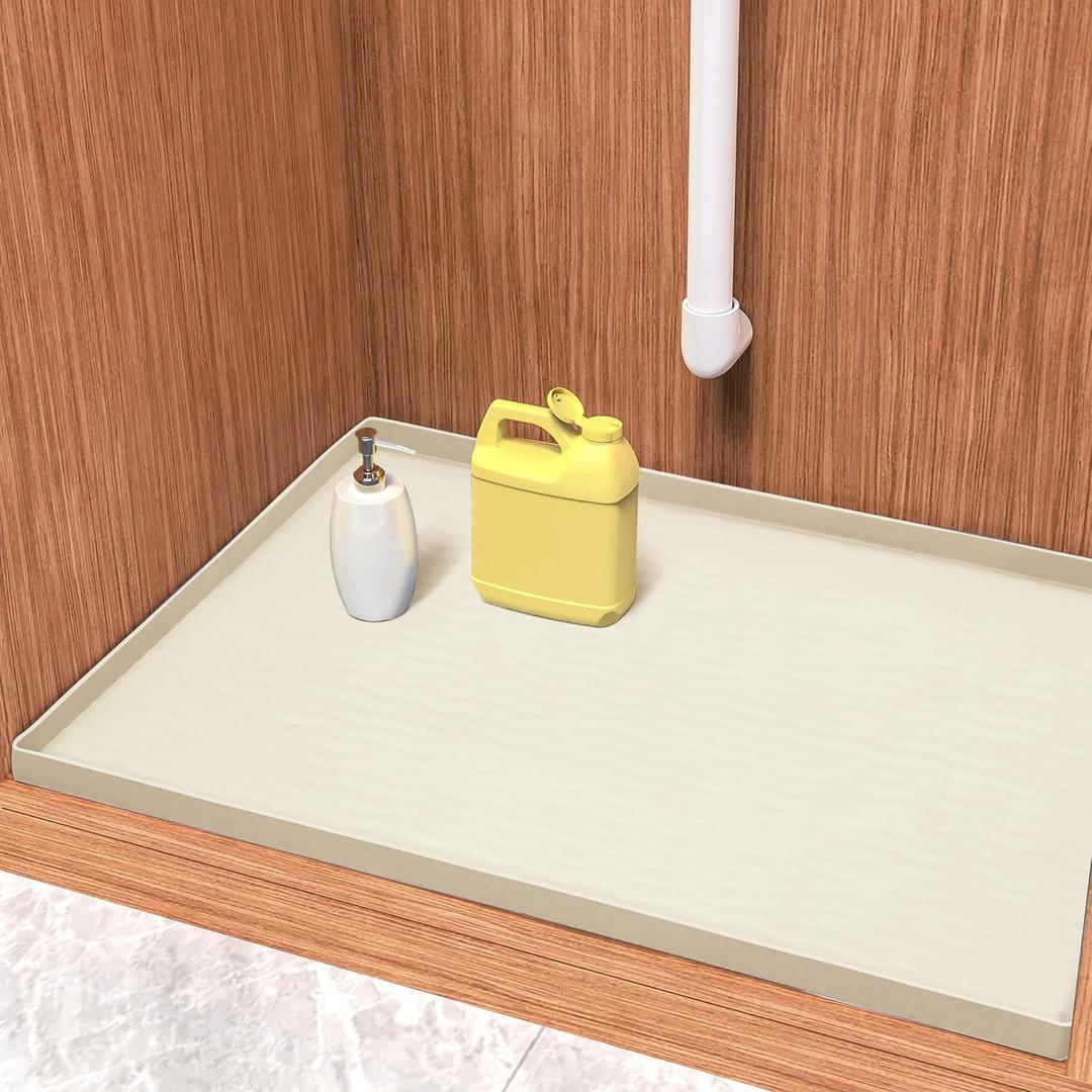 URMONA Waterproof Silicone Under Sink Mat 28'' x 22'' Shelf Liner for Kitchen and Bathroom, Cabinet and Counter Protector, Storage and Organizers, Litter Mat, Pet Cat Puppy Essentials (Cream)