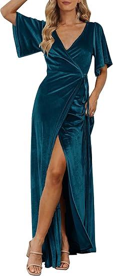 MEROKEETY Women's V Neck Wrap Velvet Maxi Wedding Guest Dress Bell Sleeve Split Bridesmaid Cocktail Party Formal Dresses, M, Teal