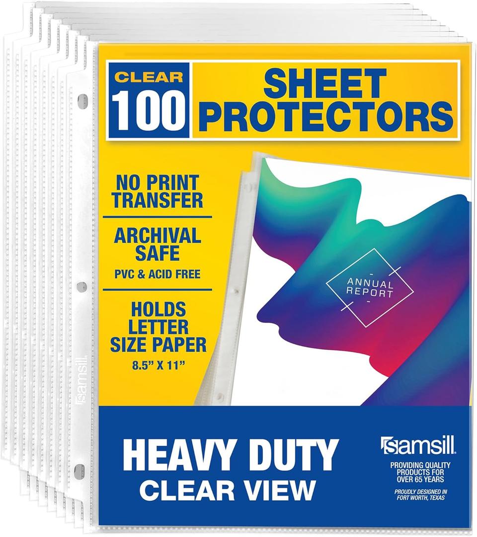 Samsill Heavy Duty Sheet Protectors for 3 Ring Binders, 8.5 x 11 Clear Page Protectors, Plastic Sleeves & Report Covers, Acid Free Archival Safe Document Protectors (100 Pack) Samsill Heavy Duty Sheet Protectors for 3 Ring Binders, 8.5 x 11 Clear Page Protectors, Plastic Sleeves & Report Covers, Acid Free Archival Safe Document Protectors (100 Pack)