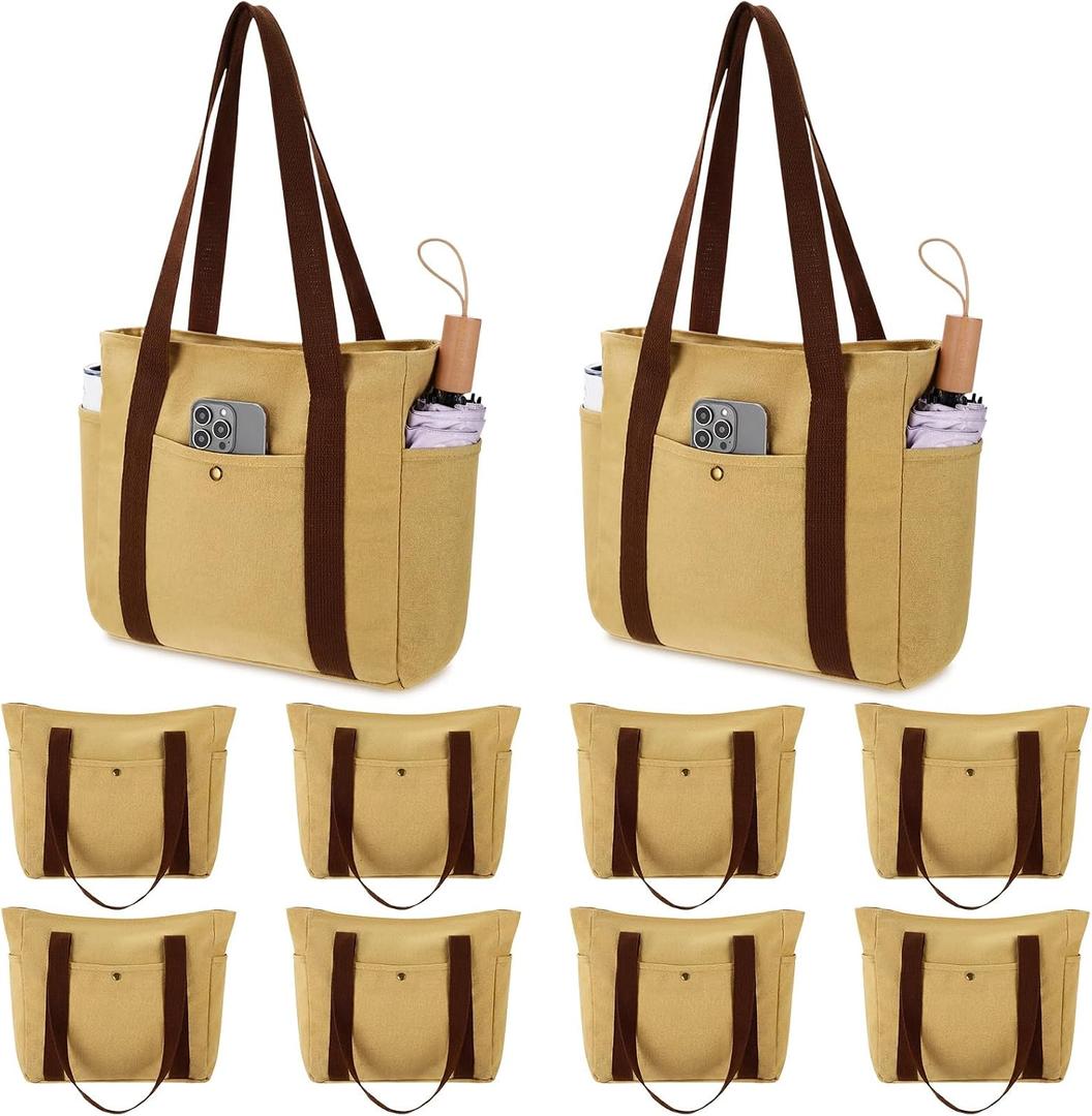 Sadnyy Khaki 10 Pcs Canvas Tote Bags for Women Reusable Shoulder Tote Bags with Zipper Shopping Grocery Handbag for Work Travel