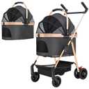 3 in 1 Folding Pet Stroller, Foldable Dog Jogger & Travel Carrier, Easy Lock NO-Zip Canopy, Detachable Carrier & Storage Basket for Small/Medium Dogs & Cats (Black, 44 lbs, 4 Wheels)