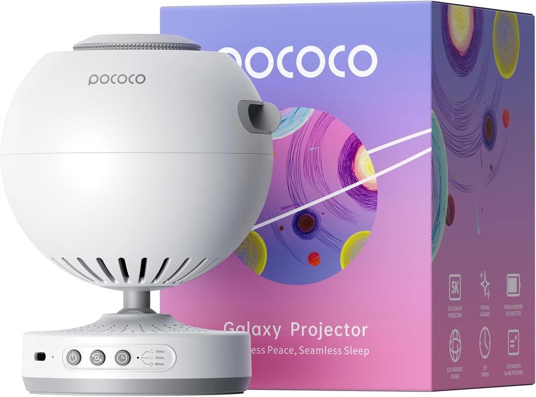 POCOCO Galaxy Star Projector for Bedroom with Replaceable Optical Film Discs, Home Planetarium Night Light Projector with High-Definition Soft Light for Relax, Study, and Meditate, Stress Relief Gifts (White)