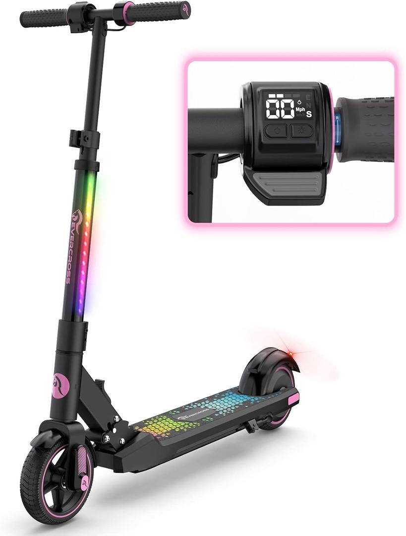 EVERCROSS EV06C Electric Scooter, Foldable Electric Scooter for Kids Ages 6-12, Up to 9.3 MPH & 5 Miles, LED Display, Colorful LED Lights, Lightweight Kids Electric Scooter (Black Pink)