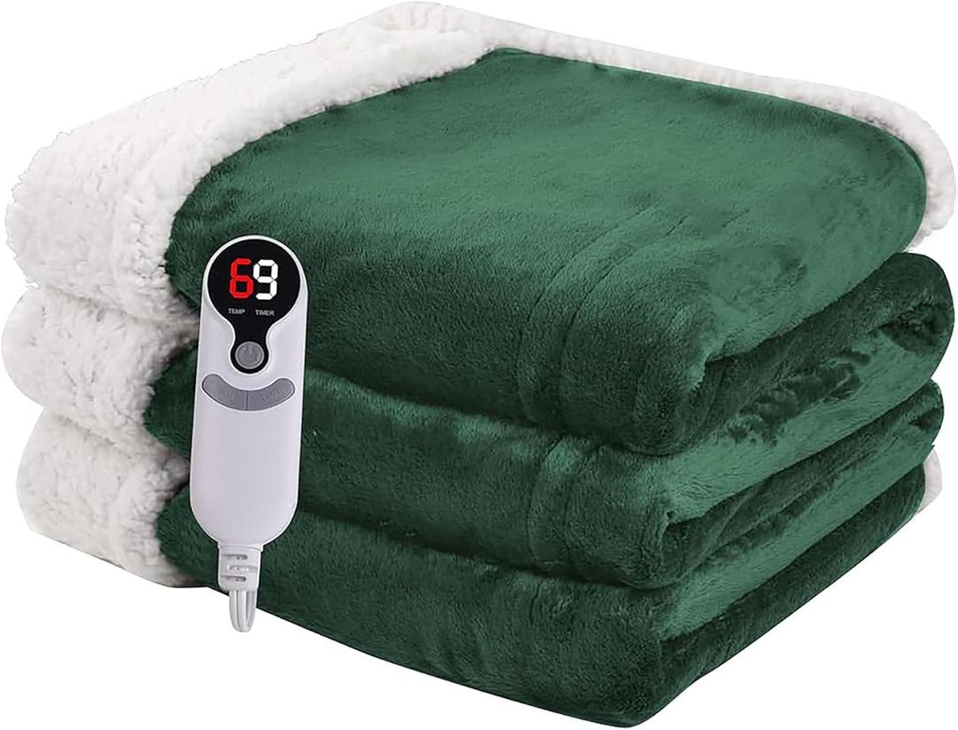 Heated Blanket Electric Blanket Full Size 72''x84'' with 5 Heating Levels, 10 Hour Auto Shut Off, Machine Washable, Flannel & Sherpa Soft Warming Blanket for Couch, Bed, Office - Grass Green
