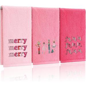 3 Pcs Christmas Hand Towels Pink Christmas Nutcracker Embroidered Decorative Bathroom Towels for Bathroom Kitchen Decor Winter Set, 100% Cotton, 13.3 x 29.5''