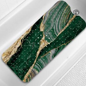 Bathtub Mat Non Slip, 40x16 inch Bath and Shower Safety Mats, Green Marble and Golden Veins Tub Mat for Bathroom, Tub Shower Mat with Drain Holes and Suction Cups