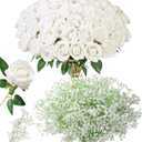 HyeFlora 35 PCS Artificial White Roses with 15 PCS Fake Baby Breath Realistic Fake Flowers Bouquet with Stem for DIY Wedding Party Home Decoration Vase Tables Centerpieces Arrangements Gift for Her