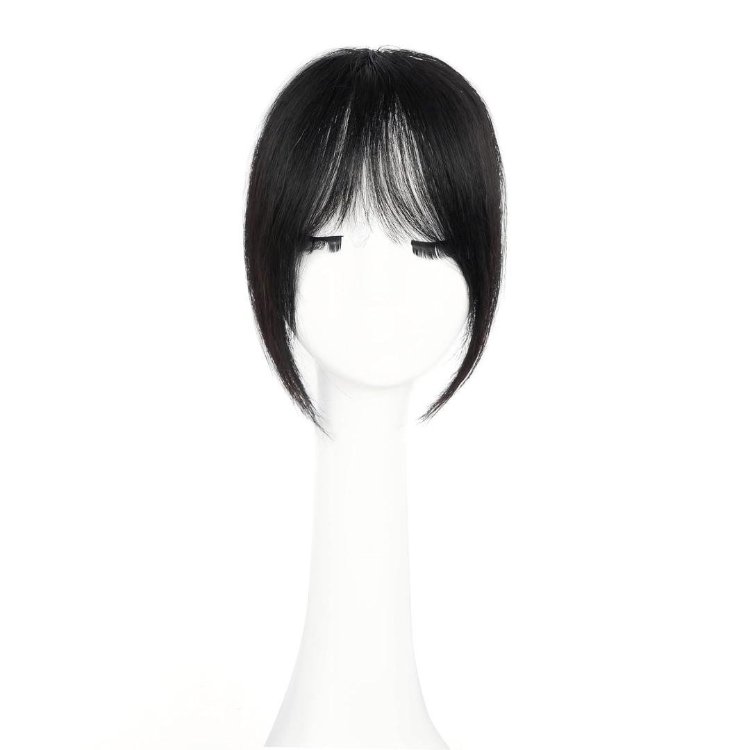 Clip in Bangs, 100% Real Human Hair Fake Bangs Natural Black Clip in Hair Extensions French Bangs Fringe with Temples Hairpieces for Women Natural Blend Curtain Bangs for Daily Wear