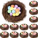 12 Pcs Easter Faux Bird Nest with 100 Pcs Eggs Small Artificial Rattan Nest Decorative Simulation Twig Miniature Birds Nests for Crafts Party Creative Patio Decoration Home Garden (3.9 Inch)