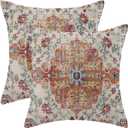 Burnt Orange Blue Boho Pillow Covers 18x18 Set of 2, Ethnic Design Decorative Throw Pillows Linen Carpet Pattern Farmhouse Cushion Pillow Covers for Sofa Couch Outdoor Decor