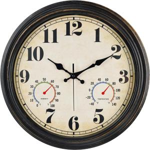 zyzamay 16 Inch Black Gold Vintage Indoor/Outdoor Wall Clock with Thermometer & Hygrometer & Waterproof, Large Silent Sweep Numerals, Perfect for Porch, Garden, Pool