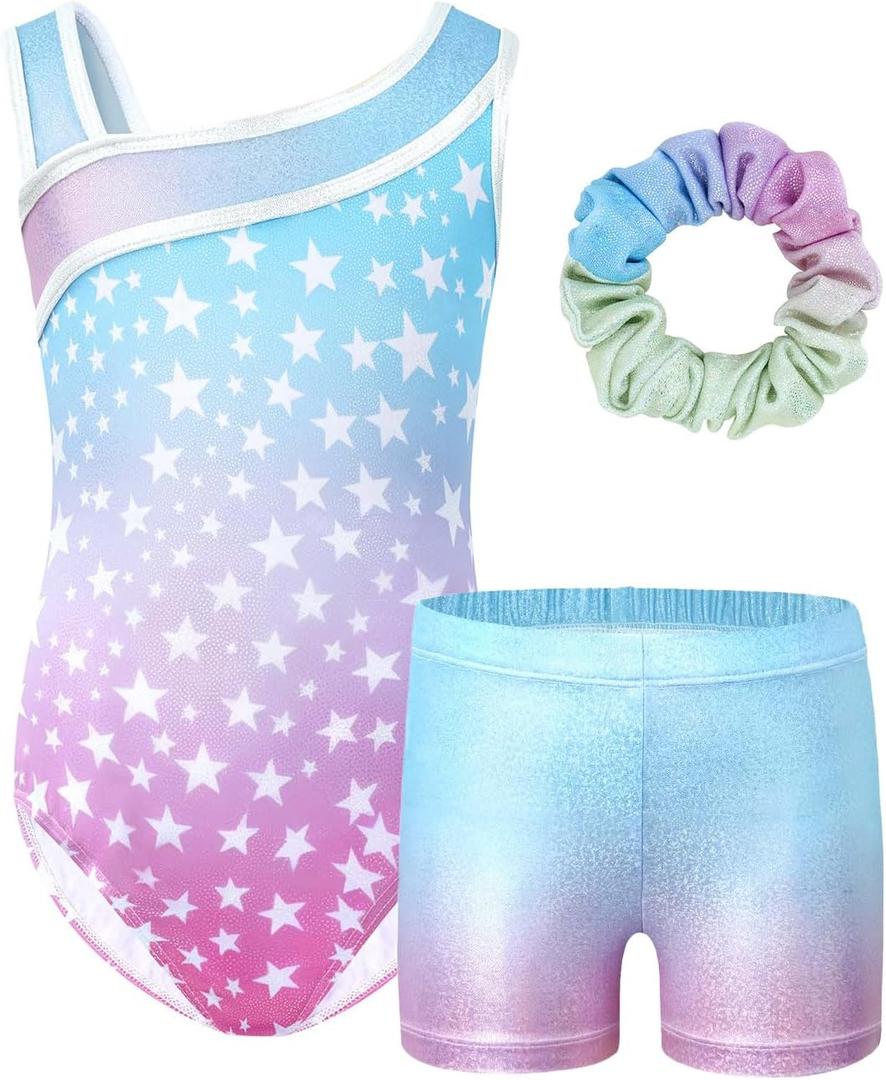 JiAmy Girls Gymnastics Leotards, Glitter Ballet Dance Unitards Biketards Activewear with Short & Hairband for Kids (8-9 Years, Gradient Blue Stars Set)