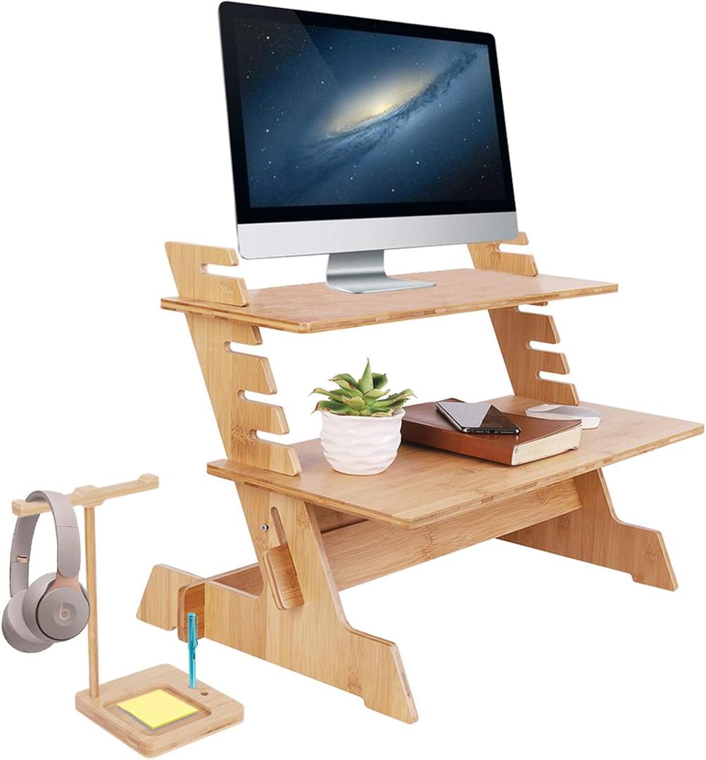 Wisfor Bamboo Standing Monitor Stand Desk Convertor Riser for Monitor Adjustable Height Standup Desk Top Laptop Workstation with Phone Headset Holder (26x18.5x18.9")