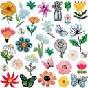 32 Pcs Colorful Flowers Emblem Iron on Sew on Patch Embroidered Fabric Cute Styles Daisy Butterfly Bee Patches for Clothes, Jeans, T-Shirt, Backpacks, Vest, Hats, Sewing Applique DIY Decoration Accessory