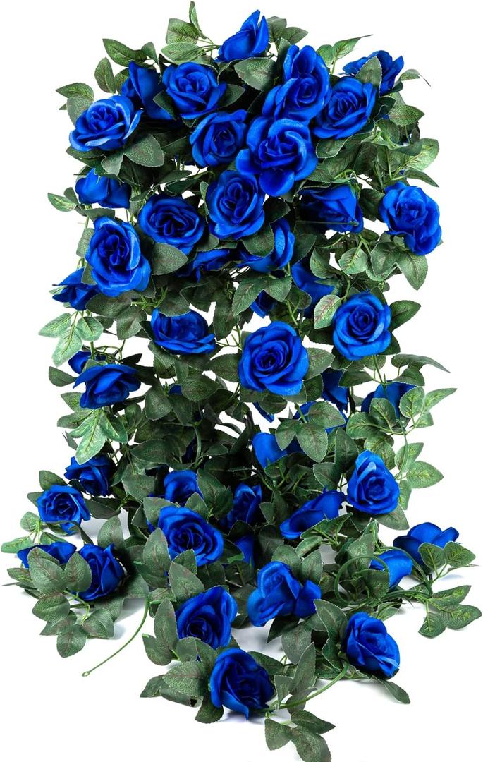 4 Pack (32FT) Artificial Rose Vine Fake Flowers Garland Hanging Silk Rose Ivy Plants Vine for Wedding Arch Party Garden Home Bedroom Office Wall Aesthetic Art Dcor (Royal Blue)