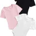 SweatyRocks Girl's 3 Pack Bodysuits Short Sleeve Crew Neck Ribbed Dance Leotards Sets (Multicolor)