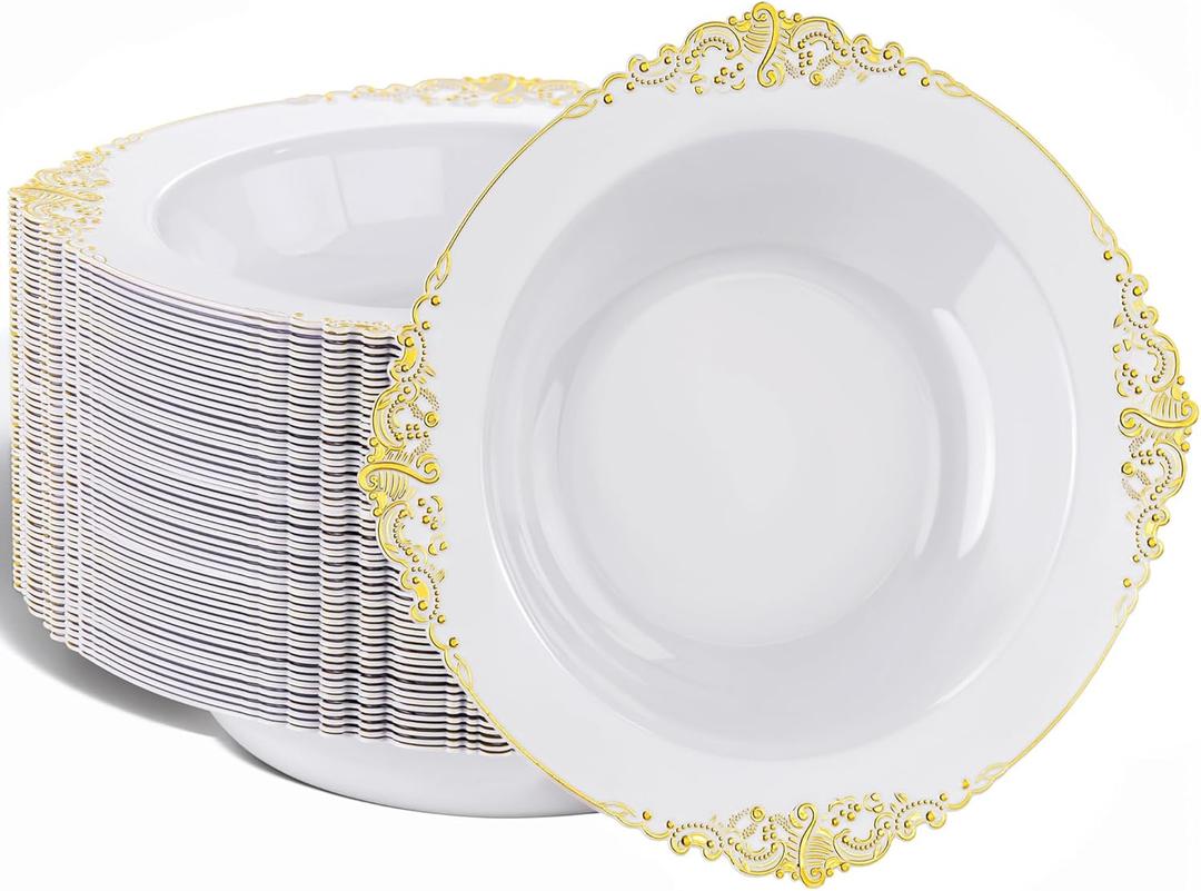 Nervure 50 Pack White Plastic Bowls with Gold Rim - 12oz Disposable Soup Bowls - Heavy Duty Dessert Bowl, Salad Bowl Perfect for Weddings, Parties, Mothers Day