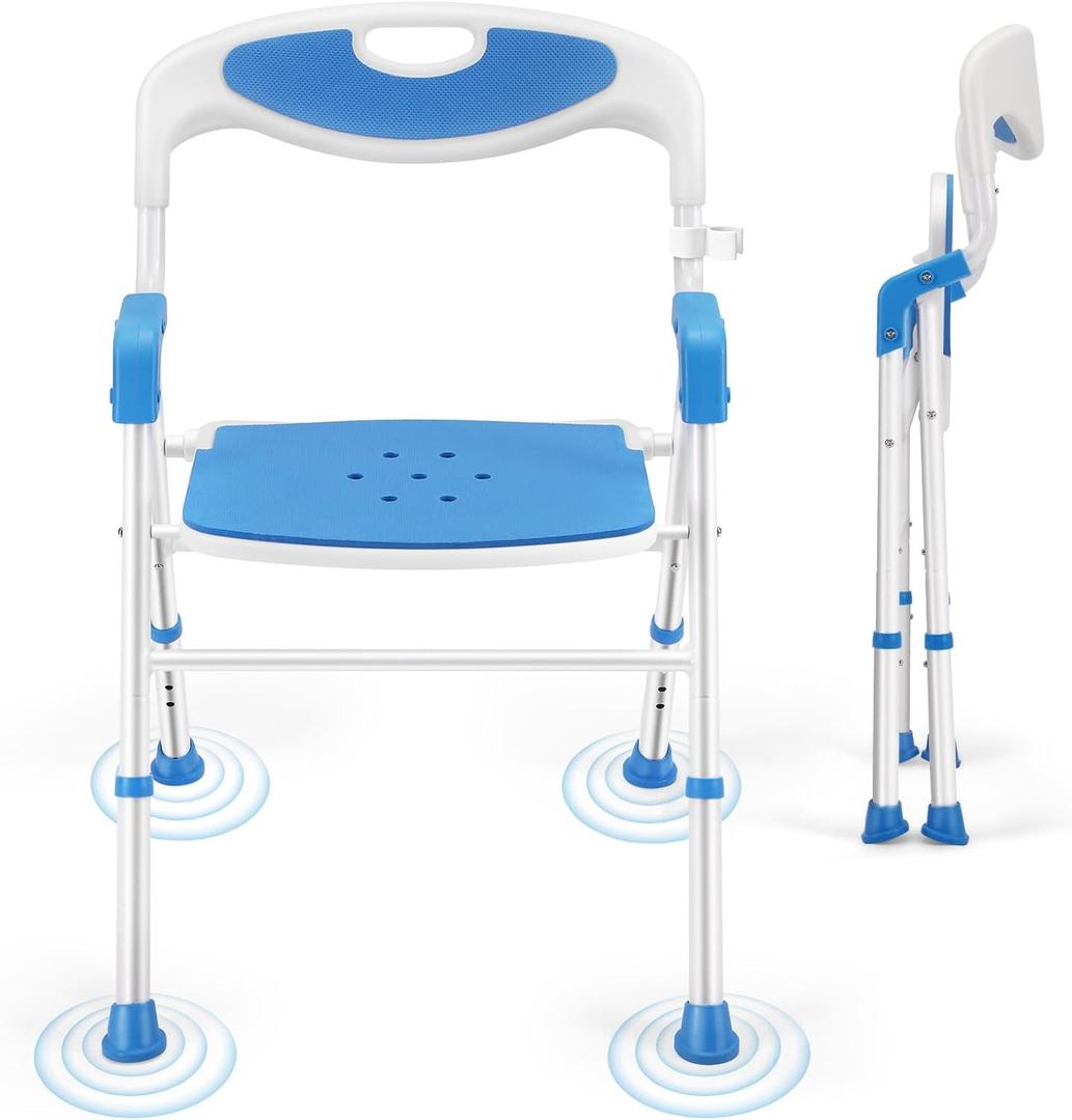 Adjustable Height Foldable Shower Chair with Back for Elderly & Disabled Sturdy Non-Slip Shower Seat for Indoor & Travel Use