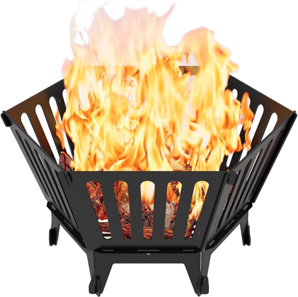 22.5 Inch Portable Hexagon Fire Pit with Travel Bag Smokeless Patented Design Outdoor Wood Burning Fire Pit for Camping, Backyard, Patio, Bonfire, Picnic and BBQ, Vertical Hollow Style