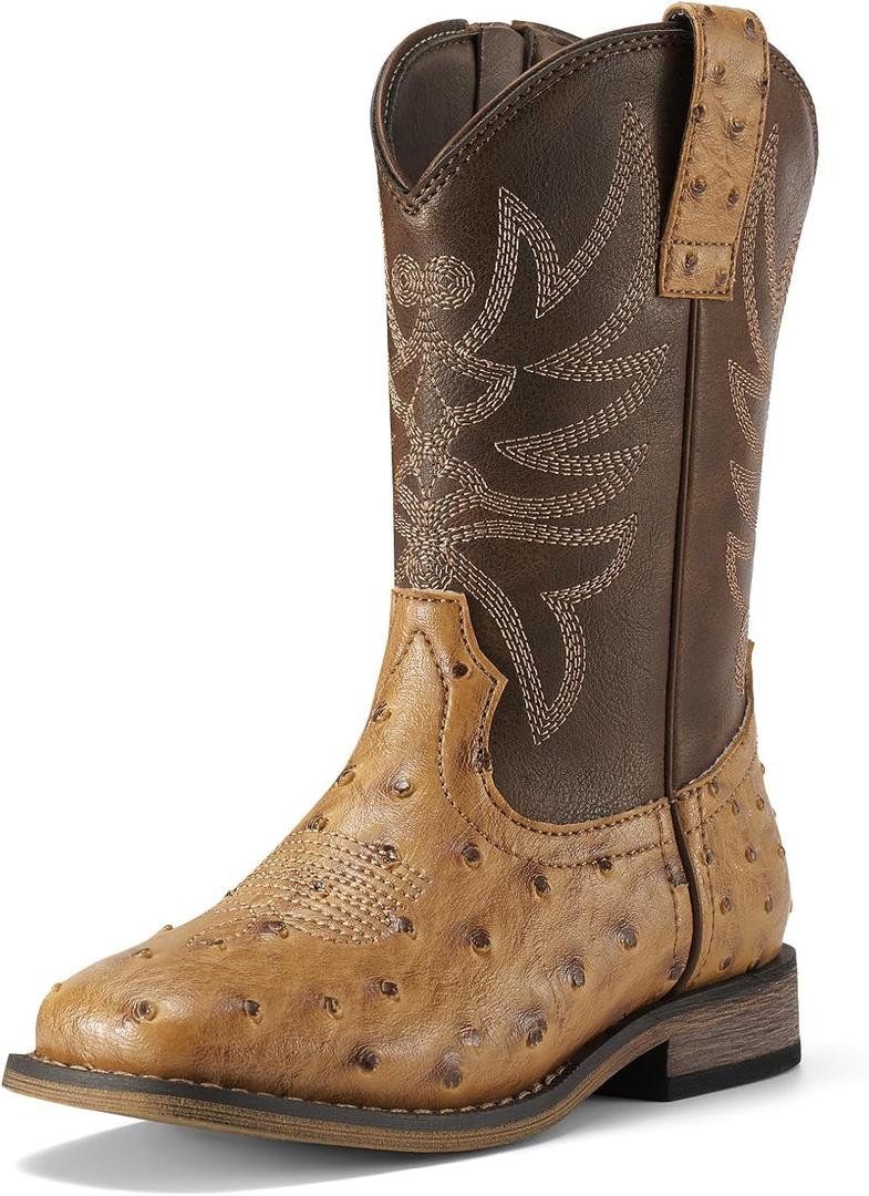 Rollda Kids Cowboy Boots for Boys Girls Western Square Toe Cowgirl Boots with Walking Heel (Toddler/Little Kid/Big Kid) (Brown/Ostrich Upper, 3)