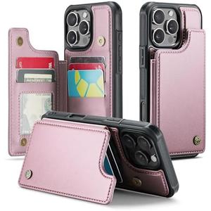 JEEHOOD Compatible with iPhone 16 Pro Max 6.9" Wallet Case with Card Holder RFID Blocking for Women Men, Double Magnetic Clasp Kickstand Shockproof Phone Case Fit for iPhone 16 Pro Max, Rose Gold