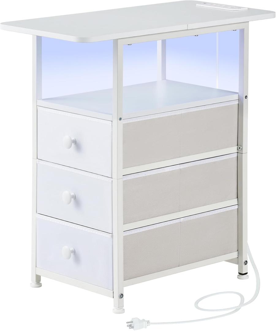 DALEMHOME Narrow End Table with Charging Station, Narrow Side Table with 3 Fabric Drawers, Slim Nightstand with LED Light, Small Table with Storage, Living Room, Bedroom, White HKET1303WT (Large(11.8" W x 23.6" D))