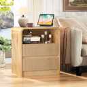 Modern Fluted Night Stand with Charging Station, 25" Tall Wood Nightstand Bedside Table with 2 Drawers & USB Ports, Mid-Century End Table for Bedroom (1, Nature Fluted, 2 Drawers)