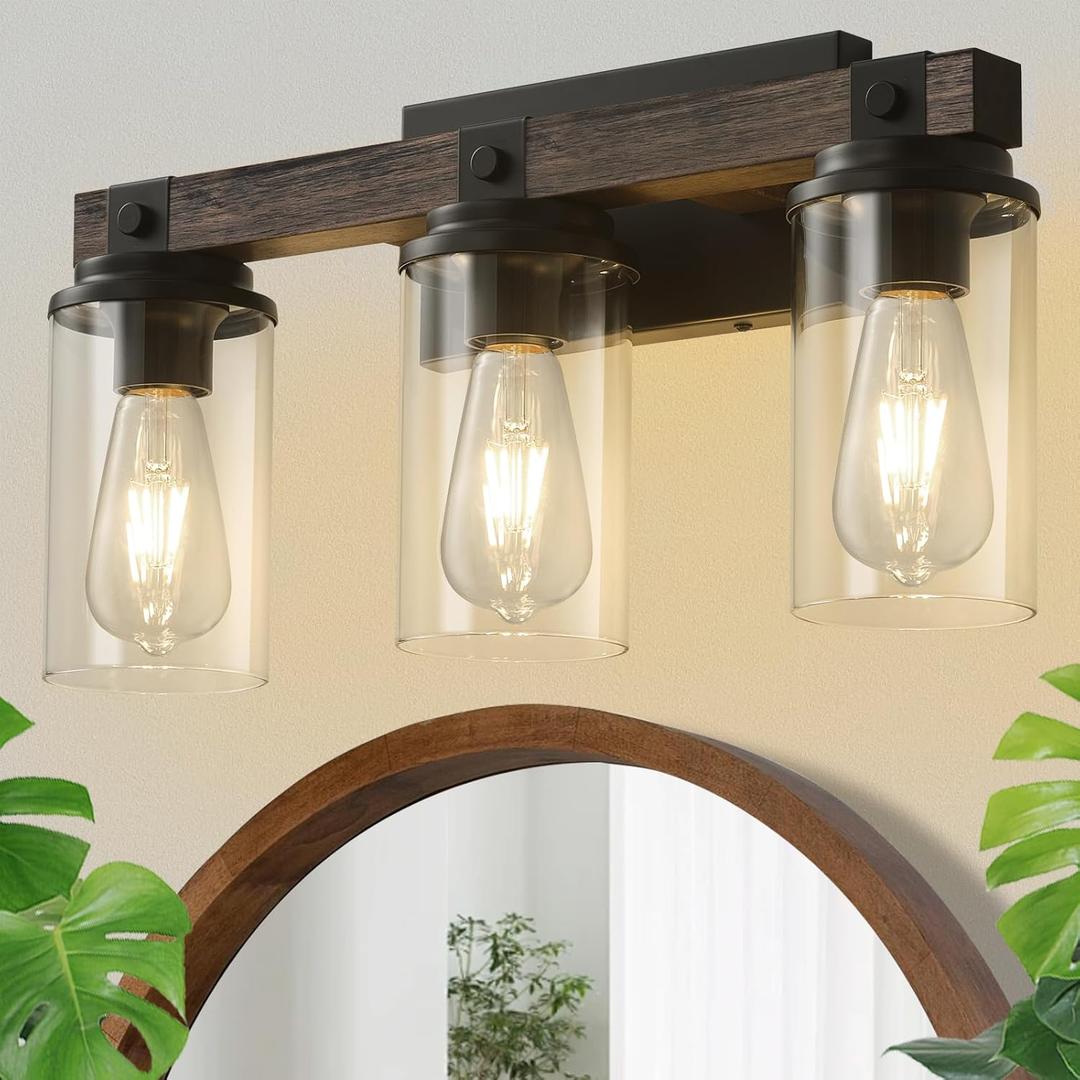 Bathroom Vanity Light Fixtures, Wooden Farmhouse Bathroom Lights Over Mirror Vintage Rustic Sconces Wall Lighting 3-Light Industrial Matte Black Vanity Light for Bathroom Bedroom Hallway Kitchen