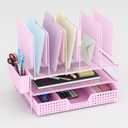 Pink Desk Organizer, Office Organization with Vertical File Holder, File Organizer with Drawer and Pen Holder, Desk Accessories and Workspace Organizers for Home Office (Pink) (2 Tier)