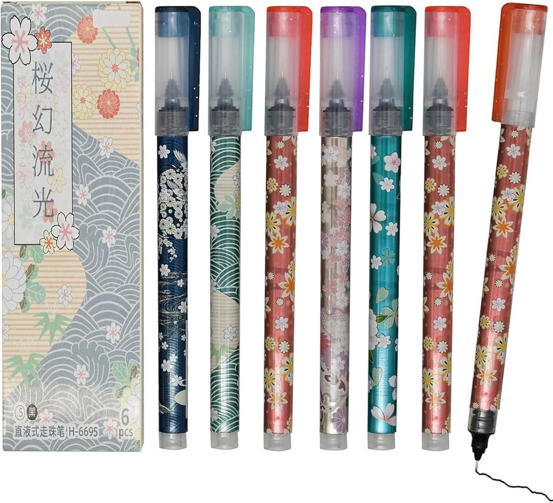 Maydahui 12 PCS Cherry Blossom Liquid Pen Novelty Flower Rollerball Gel Pens Romantic Floral Printing Pen Quick Dry Black Ink for School Women Office Party