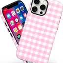 Magnetic for iPhone 15 Pro Max Case Cute Checkered Stripes Phone Case for Women Girls, Shockproof Slim TPU and Hard PC Protective Phone Cover Compatible with MagSafe Designed, Pink