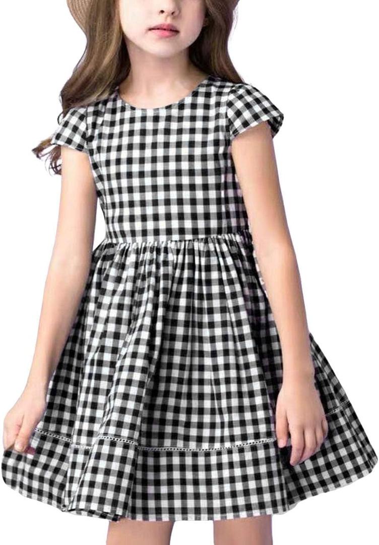 KYMIDY Girls Casual Dress Short Sleeve Buffalo Check Red White Plaid Dresses for Kids 2-8 Years, 8T