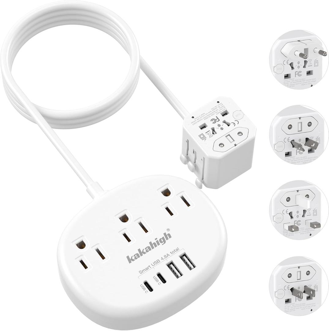 European Travel Plug Adapter with USB C, Multi Country Outlet Adapter with 3 AC Outlets and 4 USB Ports, Type A/C/G/I Plug Adapter for US to Most of Country, Universal Travel Adapter, 3FT