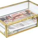 Hipiwe Gold Glass Photo Box,Vintage Photo Storage Organizer, Trinket Box Jewelry Display Organizer Keepsake Box Case Home Decor (Small)