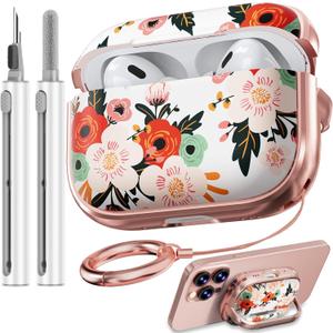 Inesore for AirPods Pro 2nd Generation Case Cover with Lock, Flowers Cute Air Pods Pro 2 Case Hard iPod Pro Cases for Women Girls with Cleaner Kit (2023 USB-C /2022/2019) -Black Gold Flower (B5-White Peony)