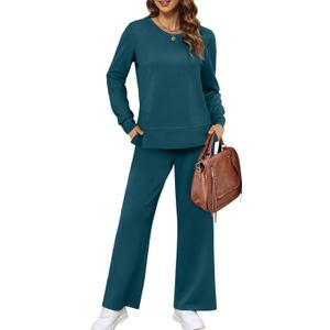 XIEERDUO Women's 2 Piece Lounge Sets Side Slit Outfits Wide Leg Tracksuit Comfy Loungewear Fashion Sweatsuit Small (Teal)
