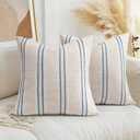 AELS 20x20 Decorative Farmhouse Linen Throw Pillow Covers, Boho Textured Pillow Case, Set of 2,Beige with White & Navy Blue Stitch Yarn Dyed Stripe Cushion Cover for Sofa Couch Living Room(Cover ONLY)