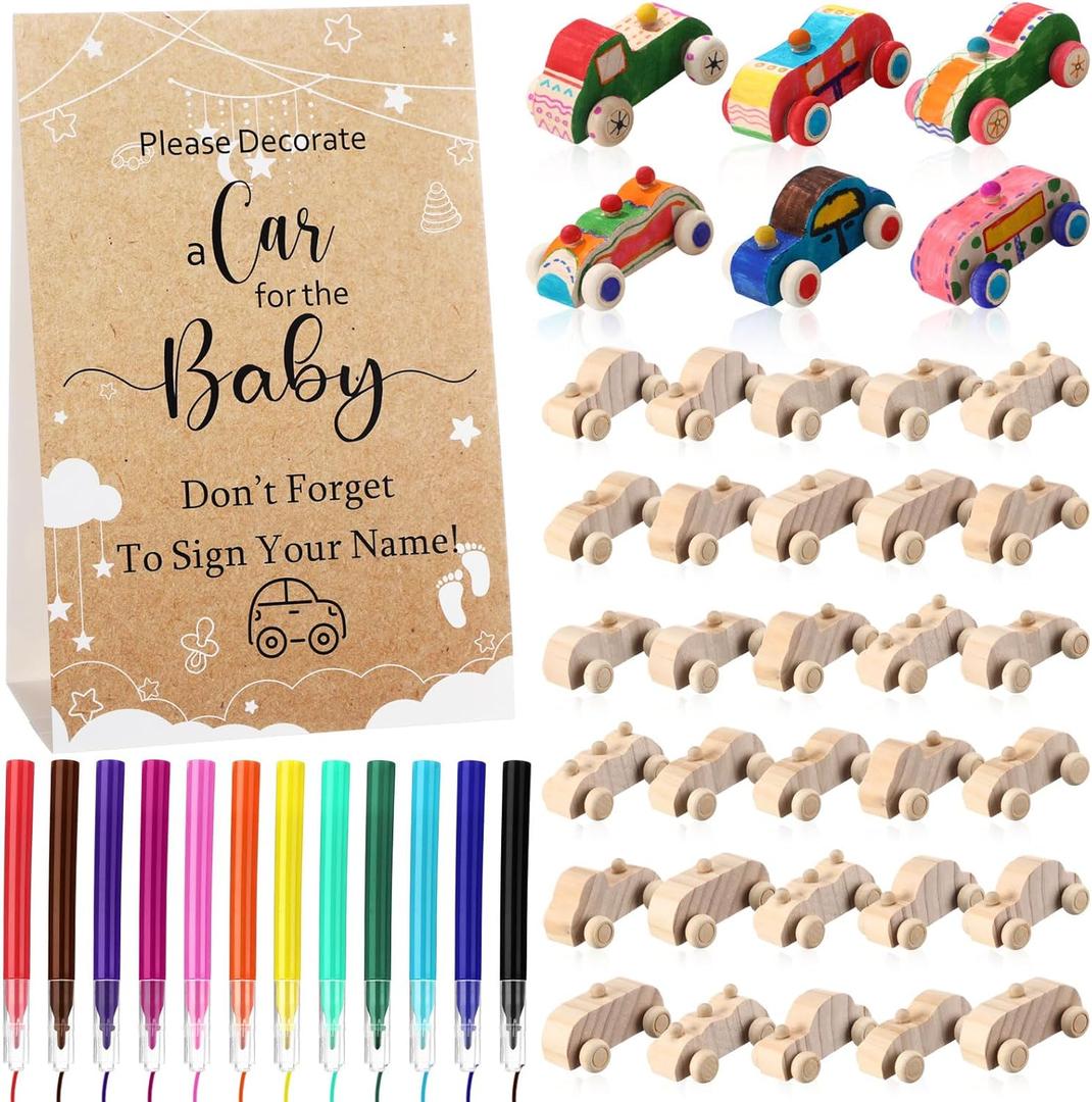 WinnerWhy Baby Shower Game Sign Kit Includes 32 Unfinished Wooden Car Blocks, 12 Markers, and a Prize Decoration Sign for Baby Shower (Kraft)