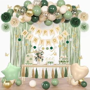 Sage Green Birthday Party Decorations for Women Girls, Green Olive Gold Sand White Confetti Foil Balloons Happy Birthday Banner Fringe Curtain Hanging Swirls Circle Dots Tassels Pompoms Party Supplies