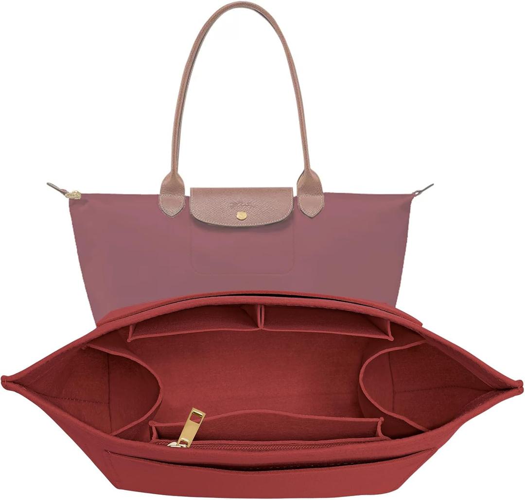 LOUKAYCCI Purse Organizer Insert for Longchamp Le Pliage M Handbag Insert Felt Long Champ Tote Bag Organizer Insert with Cup (BurGundy, Medium)
