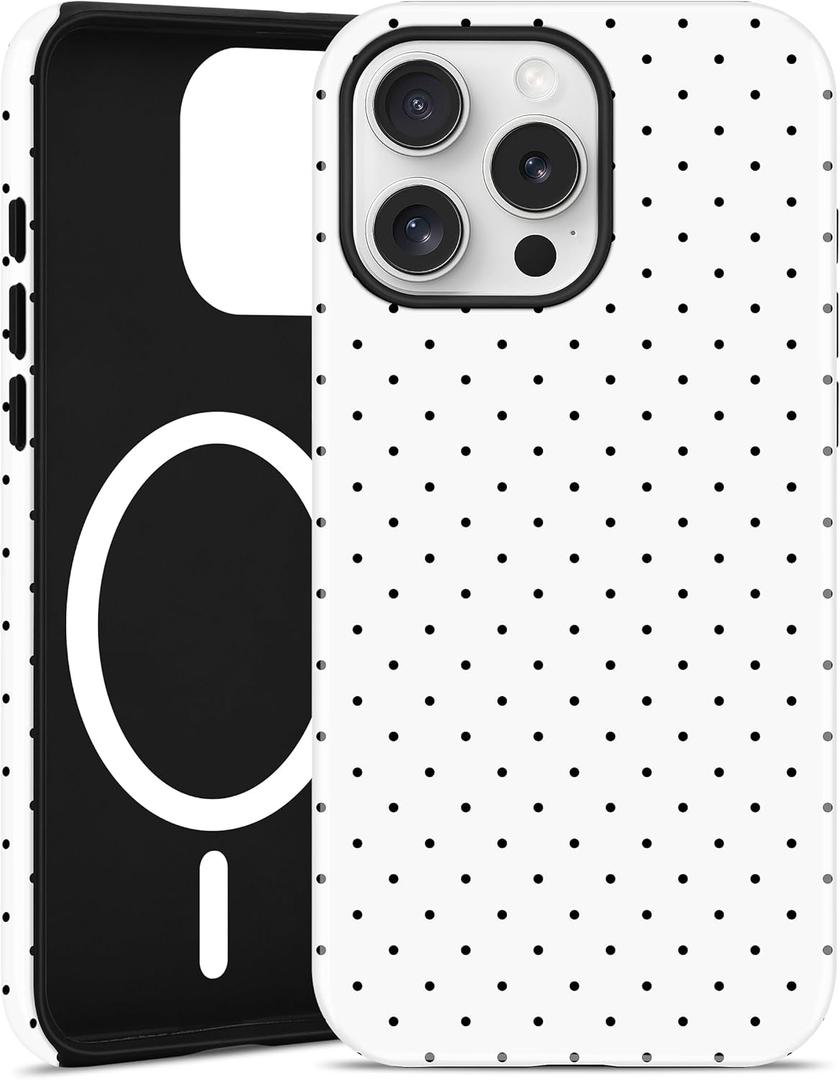 Jusy Compatible with MagSafe Polka Dot Case for iPhone 15 Pro Max, Cute Aesthetic Polka Dots Magnetic Phone Case, Soft TPU and Hard PC Protective Phone Cover for Women Girls (Matte) - White