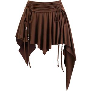 Milumia Women's Ruched Drawstring Short Skirt Y2k Pleated Asymmetrical Hem Mini Skirts (Medium, Brown)