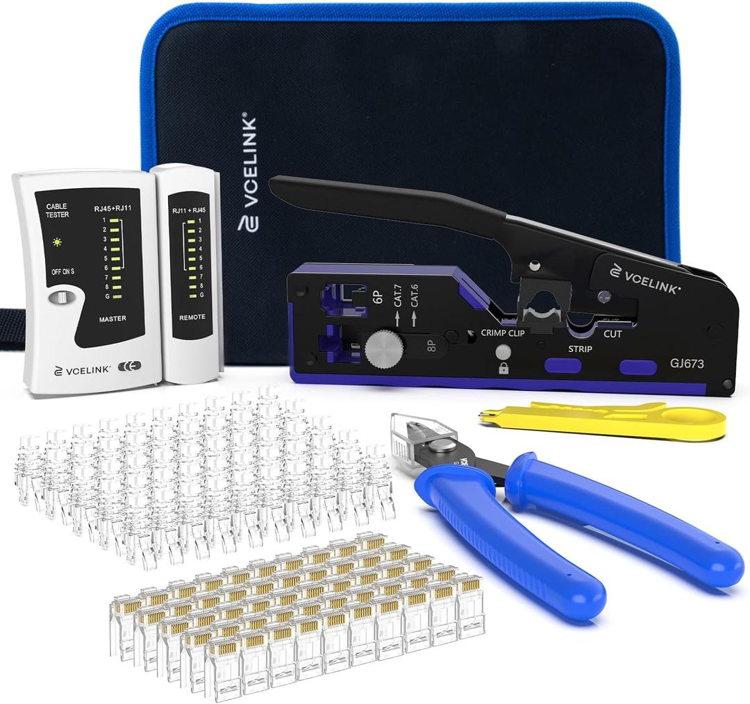VCELINK RJ45 Crimp Tool Kit for CAT7/6A/6/5E/5, Upgraded Network Tool Set with an Ethernet Crimper, 50 RJ45 Connectors & Boots, Cable Tester, Wire Stripper and Cutter in a Cloth Bag