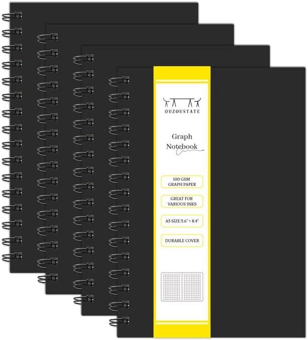 Graph Paper Spiral Notebook A5 Grid Journal 5.62"x 8.4" - 4 Pack 160 Pages 100GSM Thick Paper Hardcover Notebooks for Note Taking Engineering Graphing Work School Supplies,Black