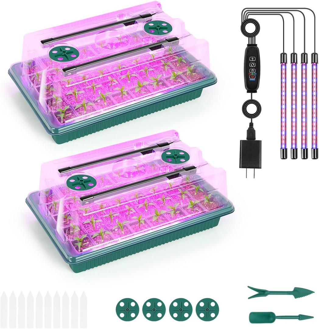 Sunexinlo Seed Starter Tray with Grow Light, 2 Pack 80 Cells Seedling Tray Kit with Humidity Hood and Drainage Hole, Adjustable Light & Timing, Perfect for Indoor Seed Cultivation