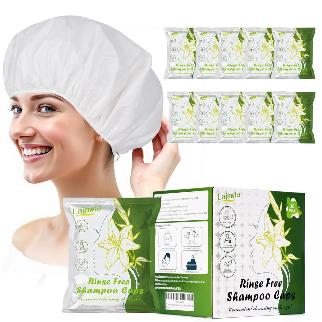 10 Pack Shampoo Caps No Need Rinse, Waterless Shampoo Cap Hair Wash for Bedridden Patients Elderly for Post Surgery, Hospital, CampingRinse Free Caps Easy to Carry (Need 130ML Water)