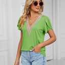 Cap Sleeve Summer Tops for Women Trendy Floral Print Casual V Neck T Shirts Petal Sleeve Blouses (Green, M)