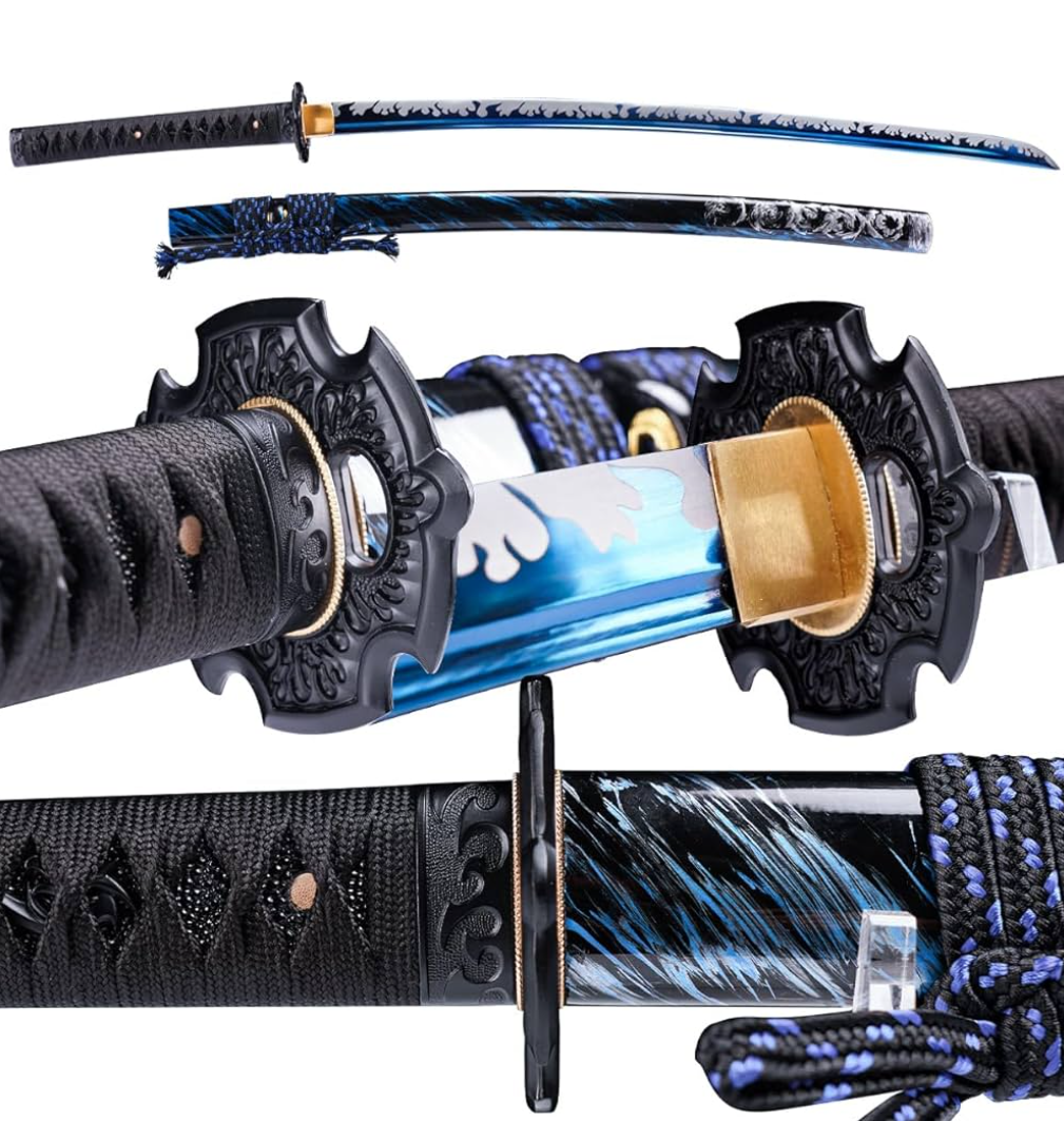 Japanese Samurai Katana Sword, 1060 High Carbon Steel Traditional Handmade, Blue Flame Full Tang, High-Performance/Razor-Sharp, Gifts for Men/Boys